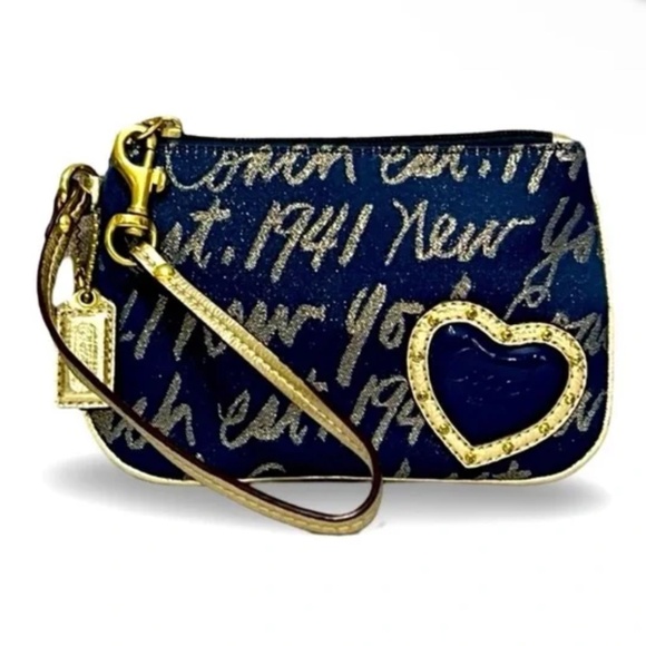 Coach Poppy EUC! Ltd Ed 1941 Script Lurex Heart Wristlet in Navy & Metallic Gold - Picture 8 of 8